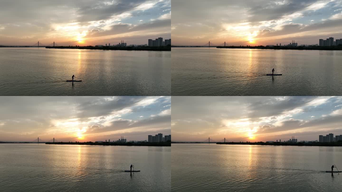 航拍襄阳汉江水上运动划桨板城市风光