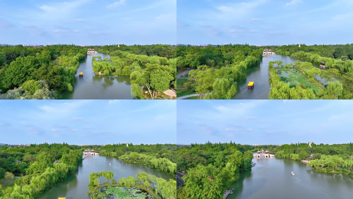 航拍江苏省扬州市瘦西湖风景区春景与大明寺