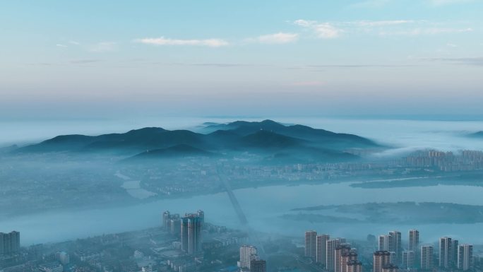 云雾城市日出风景航拍素材