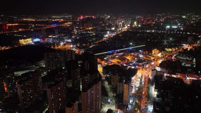 航拍泰安东岳大街城市夜景