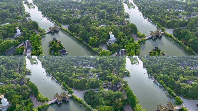 航拍江苏省扬州市瘦西湖风景区春景与大明寺