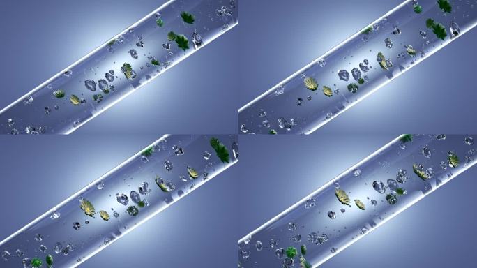 蓝色背景试管里面的水分子和植物精华花流动