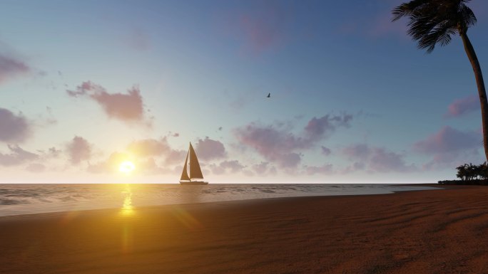 夕阳大海沙滩椰树帆船启航
