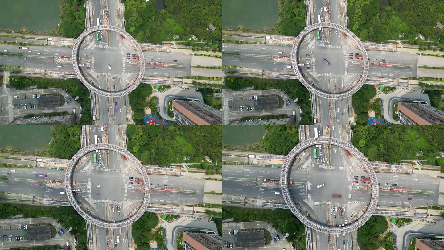 航拍圆形天桥城市道路交通十字路口环形天桥