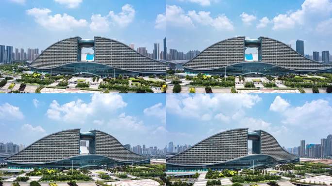 武汉国际博览中心蓝天白云大范围航拍延时