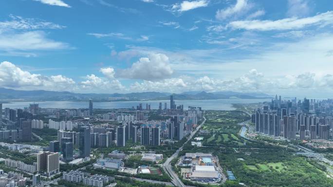 深圳南山区城市大景蓝天白云航拍