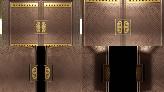 恢弘中式金色大门打开三维动画