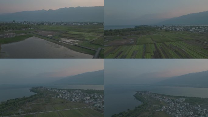 航拍云南大理洱海上关村日落宁静的小村庄