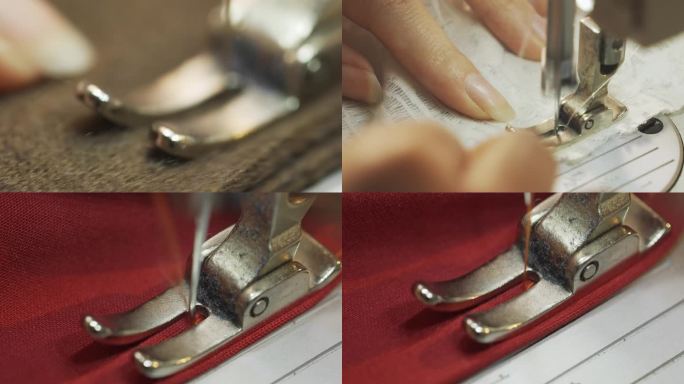 不同材质布料缝纫机缝线走针特写