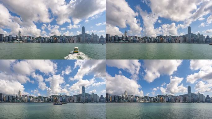 香港维多利亚港全景蓝天白云延时摄影