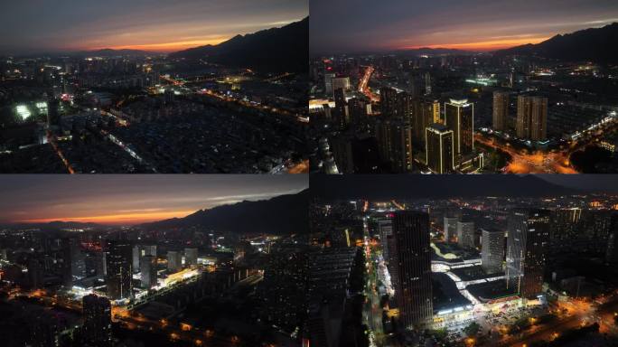 航拍泰安泰山黄昏城市夜景