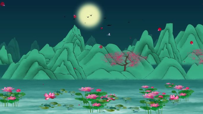 原创手绘山水 望月 中国风山水 唯美山水