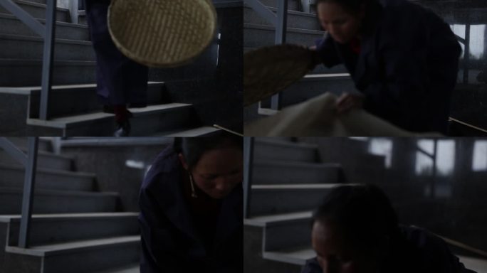 茶叶工人下梯子第一视角人物特写中近景