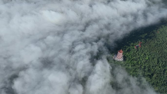 航拍襄阳古隆中风景区腾龙阁景点云海风光