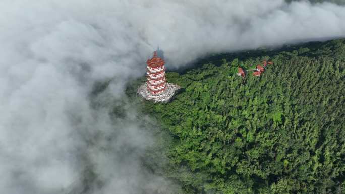 航拍襄阳古隆中风景区腾龙阁景点云海风光