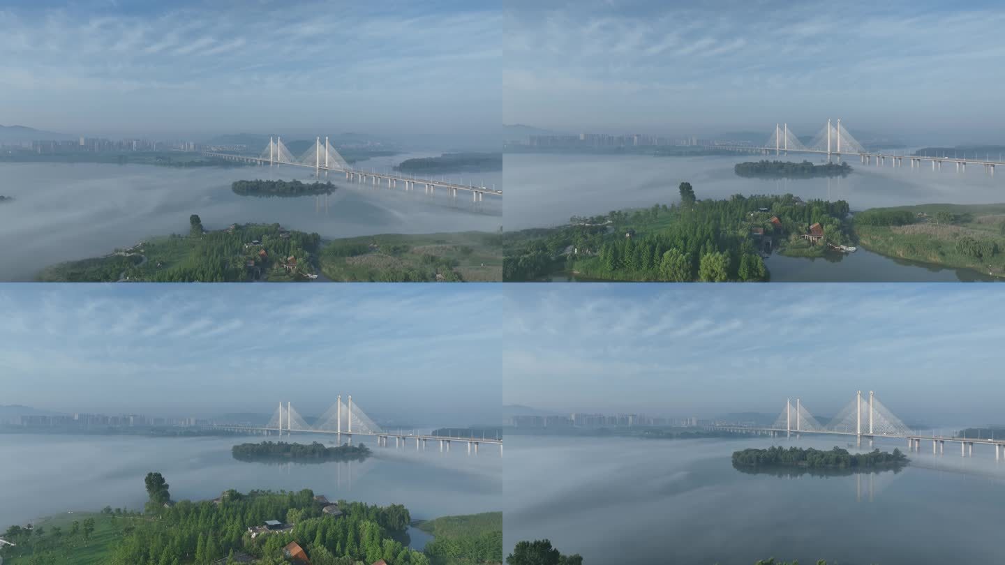 航拍襄阳汉江湿地桥梁晨雾城市风光自然风景
