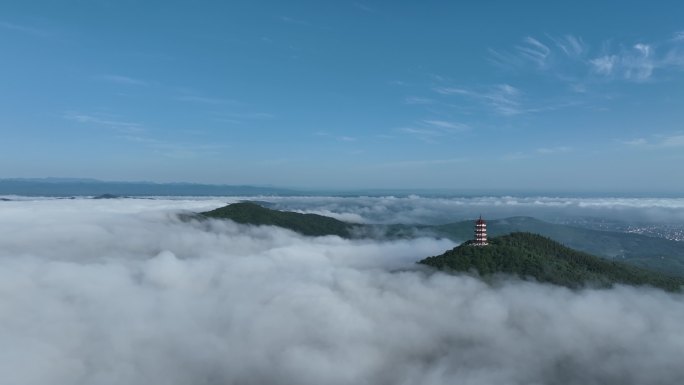 航拍襄阳古隆中风景区腾龙阁景点云海风光