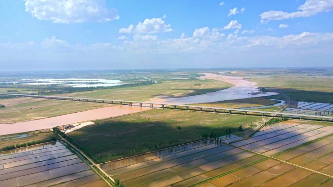 黄河灌溉稻田-水稻种植农田大景航拍