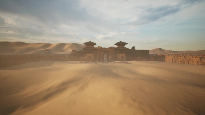 古代城关商队在沙漠前行三维动画