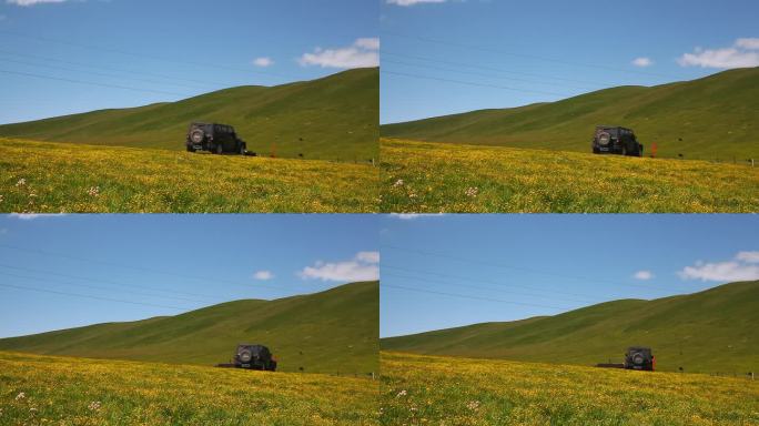 蓝天白云草原山坡上行驶的汽车