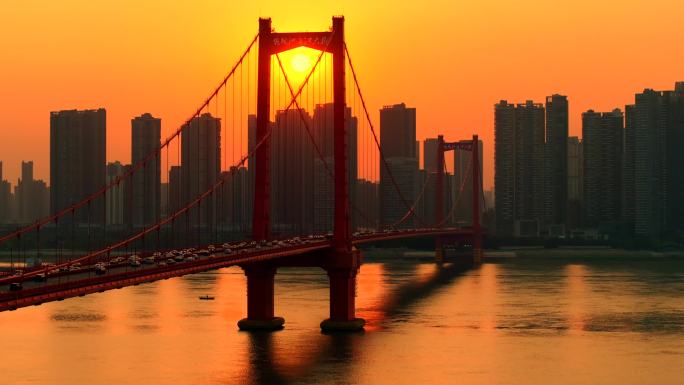 武汉鹦鹉洲长江大桥航拍日落夕阳