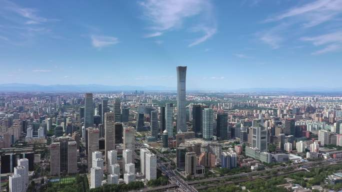 北京CBD商务中心区蓝天白云航拍