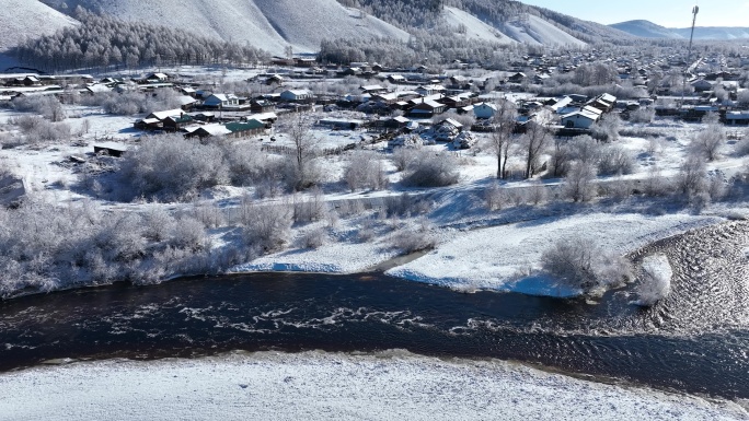 航拍早春大兴安岭雪村