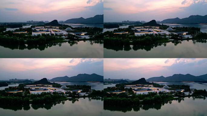 航拍夕阳落下前萧山湘湖世界旅游博物馆