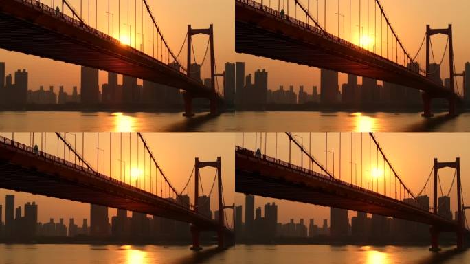 武汉鹦鹉洲长江大桥航拍日落夕阳