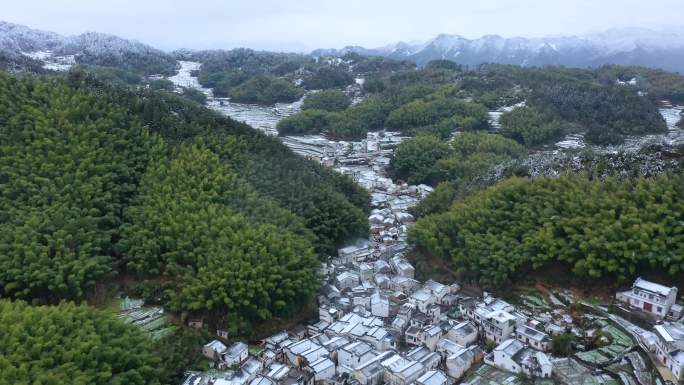 【4K无水印】航拍雪后徽州灵山古村落