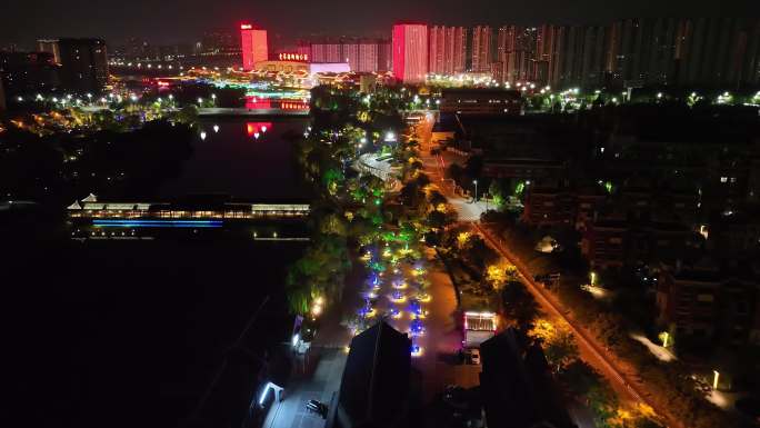 航拍泰安泮河硕园公园爱琴海购物中心夜景