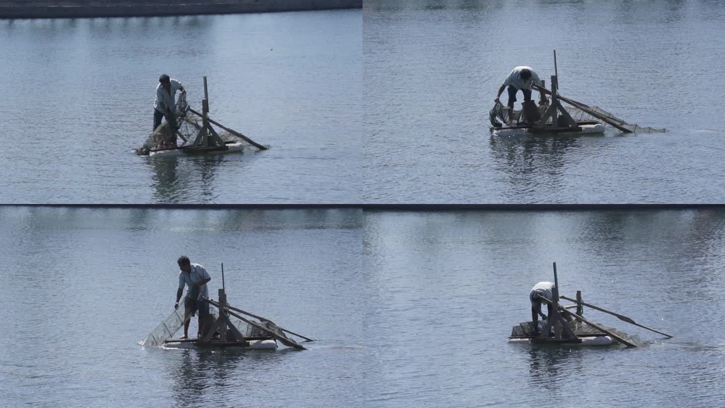L渔民拉网 湖中小船  渔民春季捕鱼