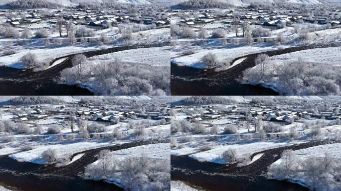 航拍早春大兴安岭雪村