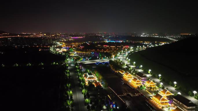 航拍泰安天平湖夜景灯光秀