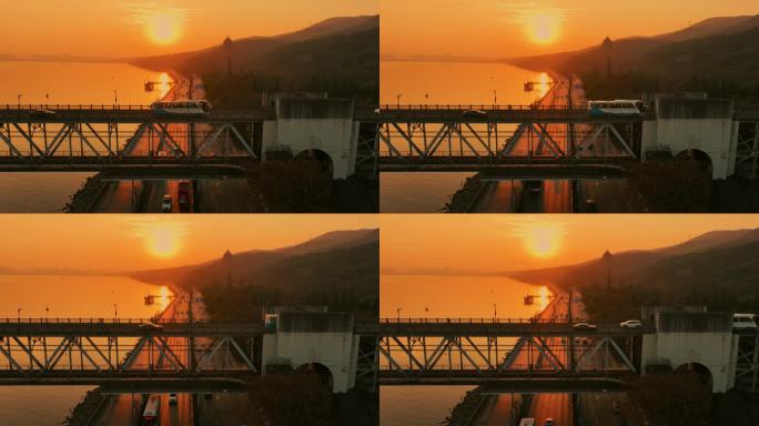 夕阳下六和塔之江路钱塘江大桥同框4K航拍