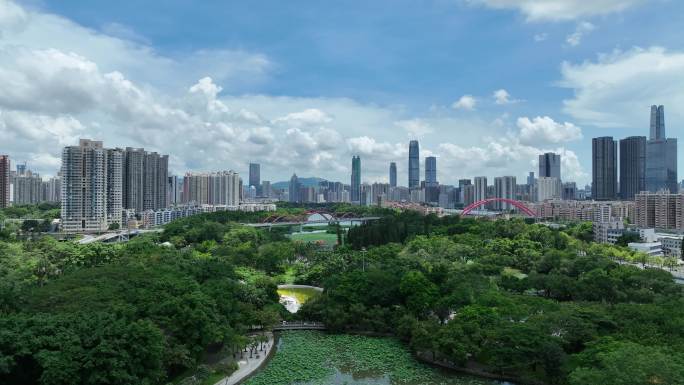 深圳罗湖区洪湖公园蓝天白云航拍