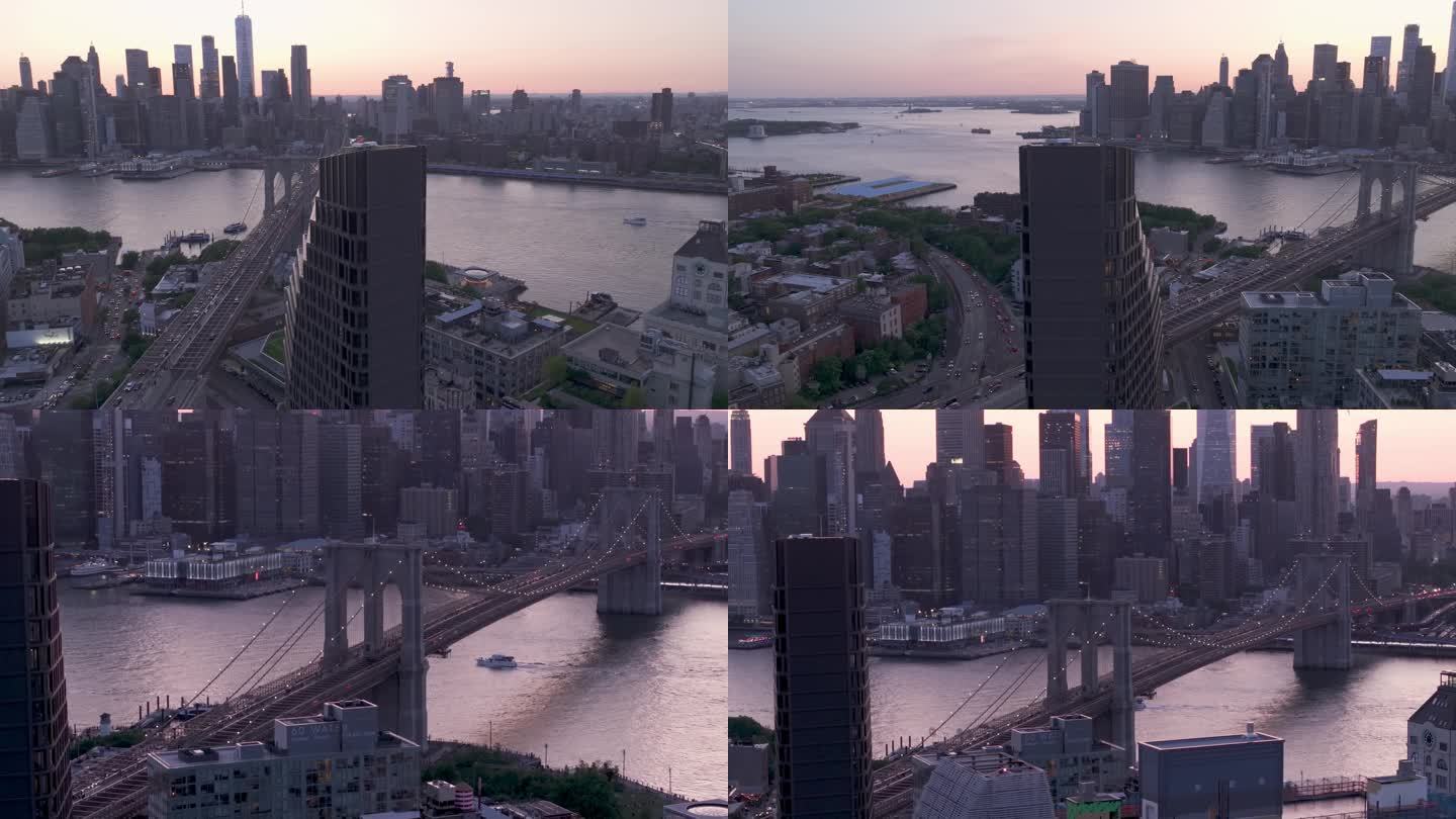 4K城市航拍纽约布鲁克林大桥摩天大楼日落