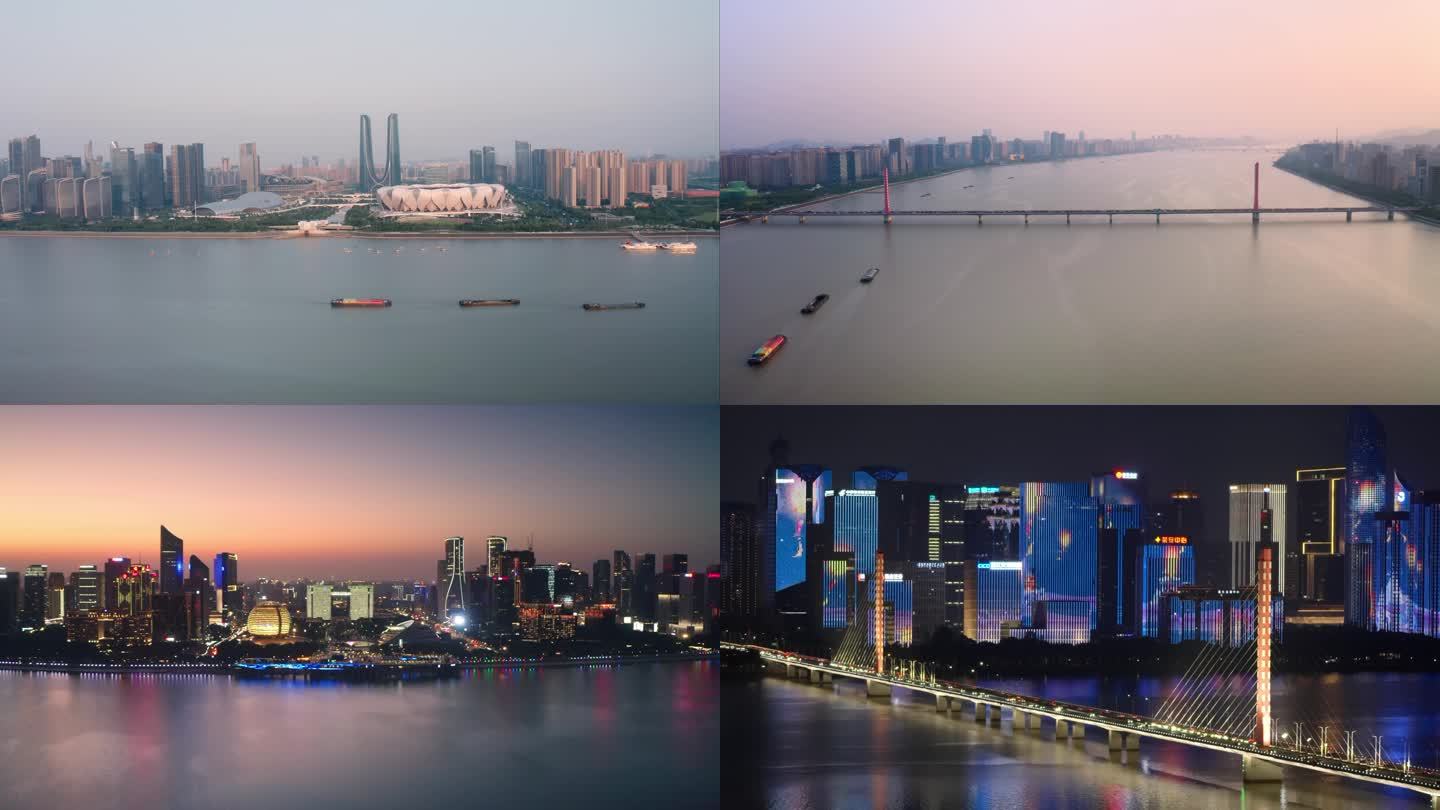 杭州航拍钱塘江城市阳台亚运会灯光秀