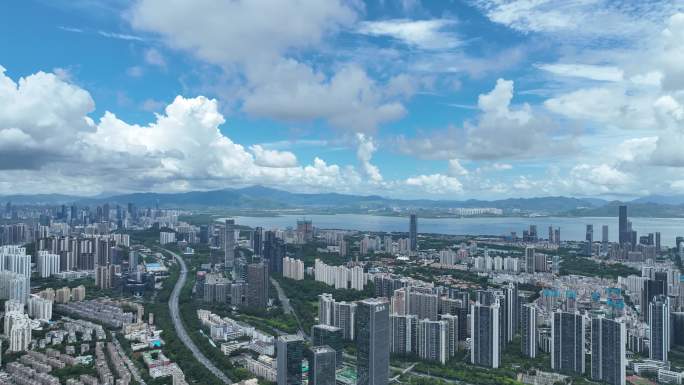 深圳南山区城市大景蓝天白云航拍