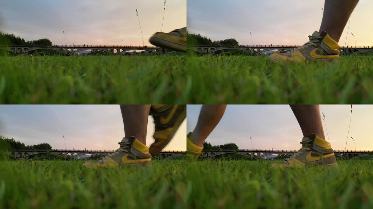 草原黄昏夕阳下的脚步