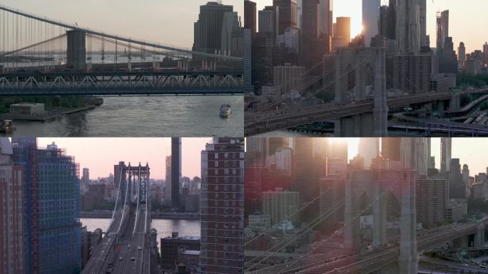 4K城市航拍纽约曼哈顿布鲁克林大桥日落