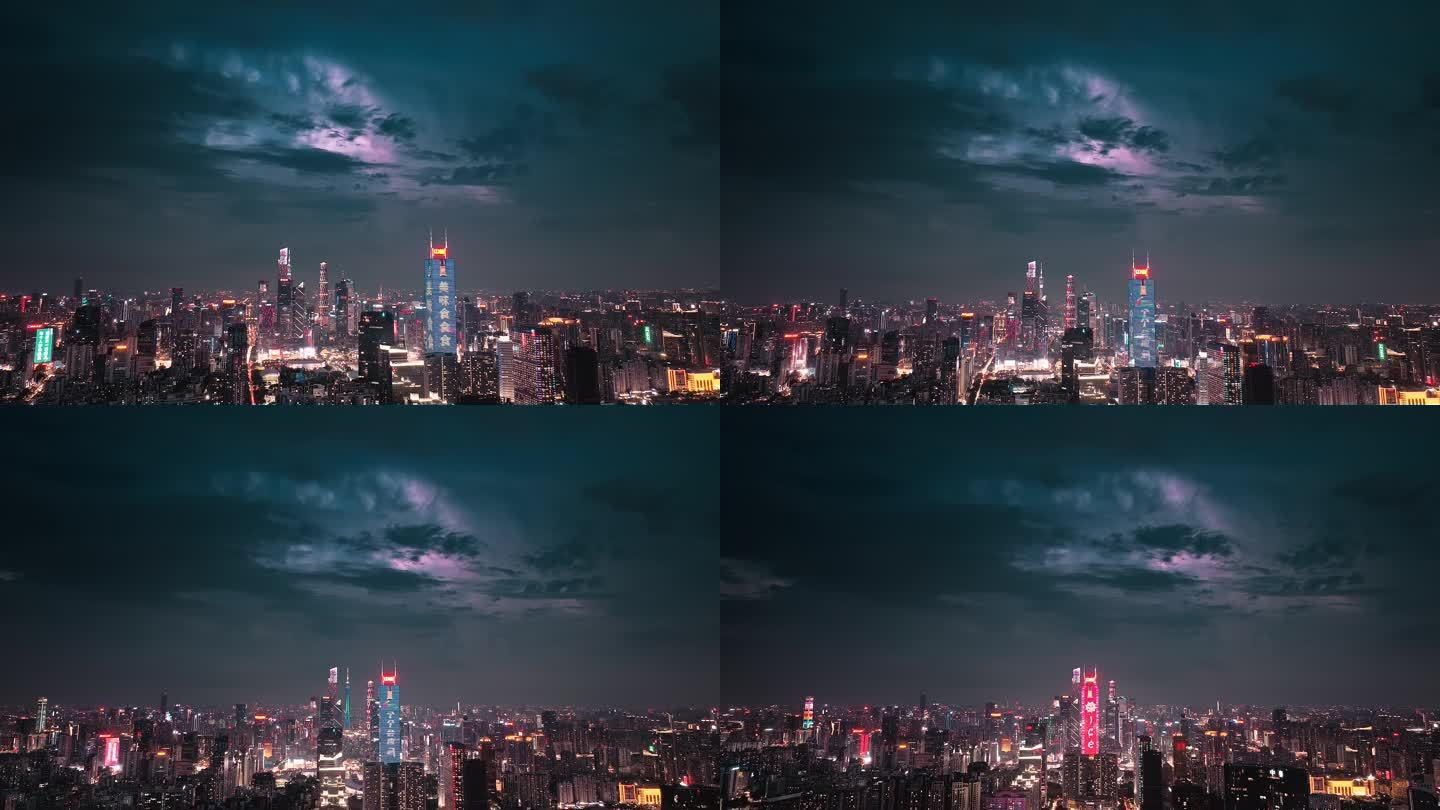 广州城风雨欲来雷电闪烁夜景航拍4K视频