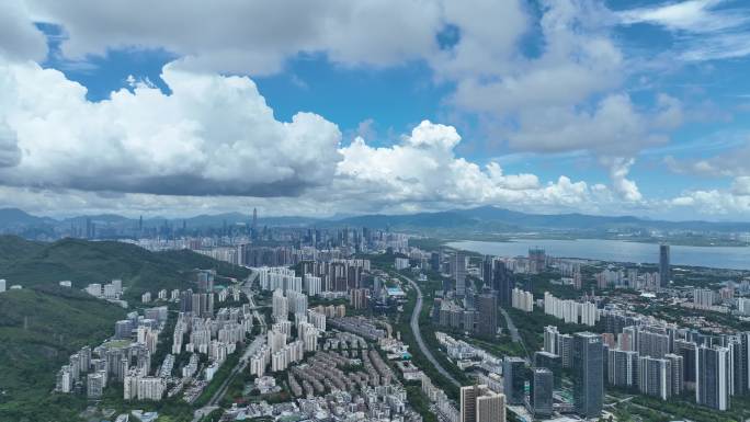 深圳南山区城市大景蓝天白云航拍