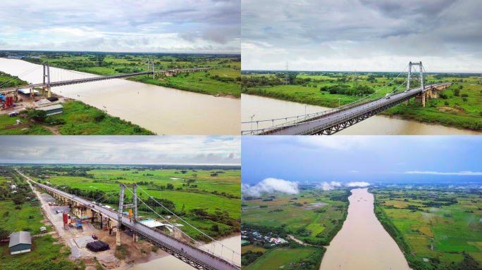 缅甸仰光跨河大桥航拍国外桥梁雨后多个片段