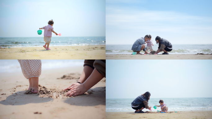 小孩在海边玩沙子 亲子互动 陪伴孩子