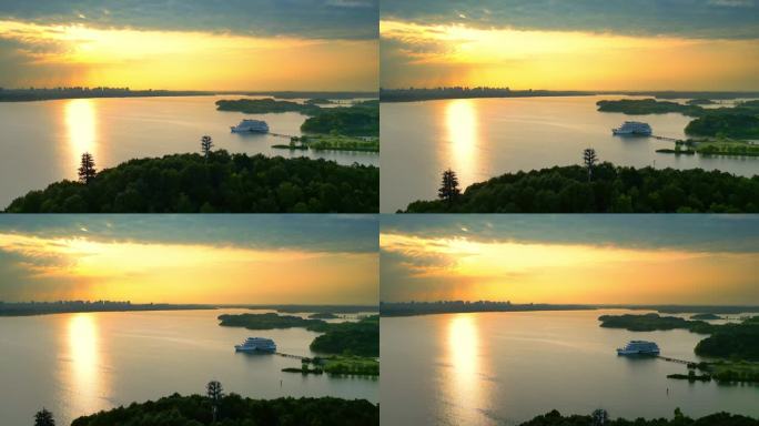 4k池州平天湖夕阳游轮风景航拍