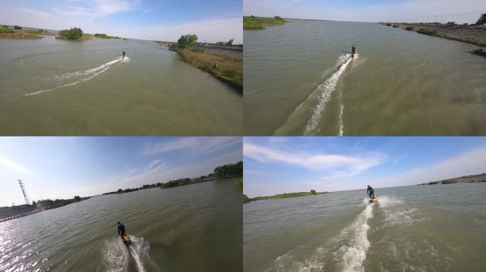 穿越机航拍动力冲浪板湖泊水面水上运动