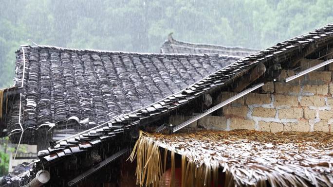 农村老房子下雨房檐雨水谷雨