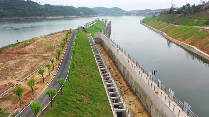 航拍湘江近尾洲水电枢纽站生态渔道