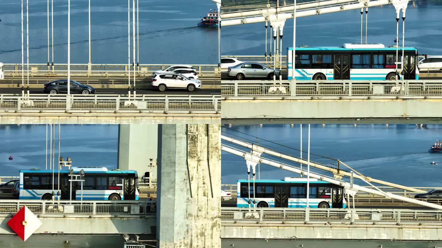 桥梁上长焦追车、私家车、公交车
